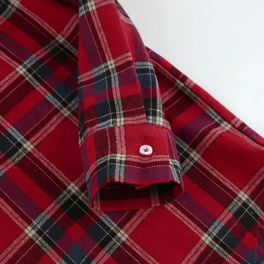 Red Plaid Shirt with Chest Pocket in Oversized Y2K Style
