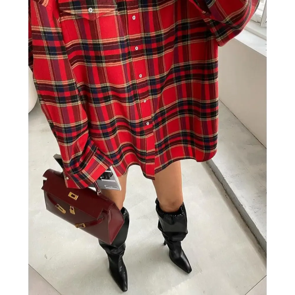 Red Plaid Shirt with Chest Pocket in Oversized Y2K Style