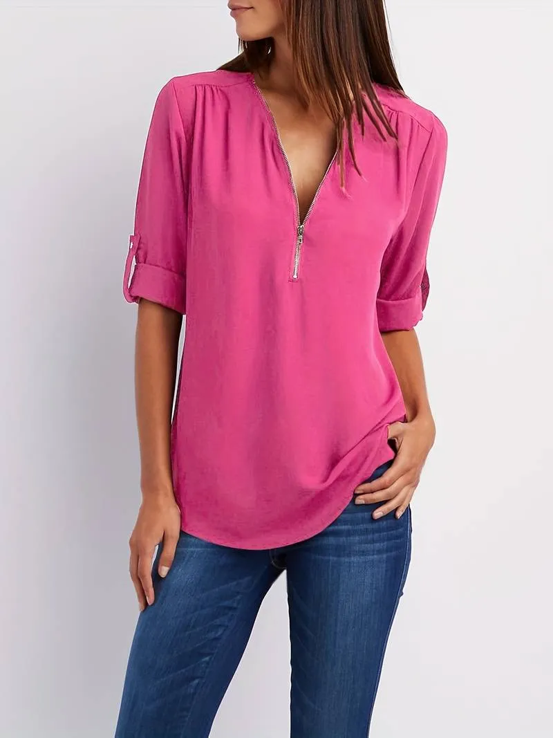 Relaxed Hazel Blouse: Ruffled, Roll-Up Sleeves, Half-Zip