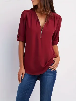 Relaxed Hazel Blouse: Ruffled, Roll-Up Sleeves, Half-Zip