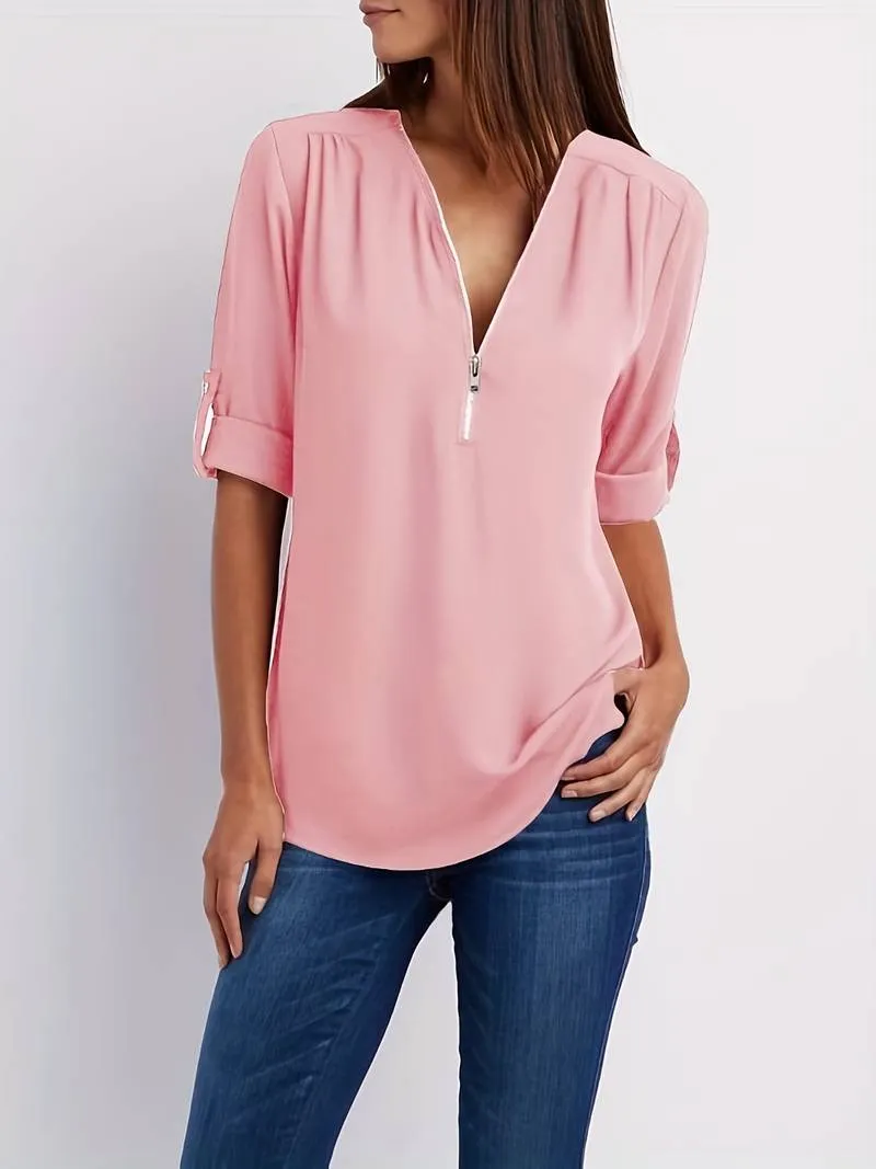 Relaxed Hazel Blouse: Ruffled, Roll-Up Sleeves, Half-Zip