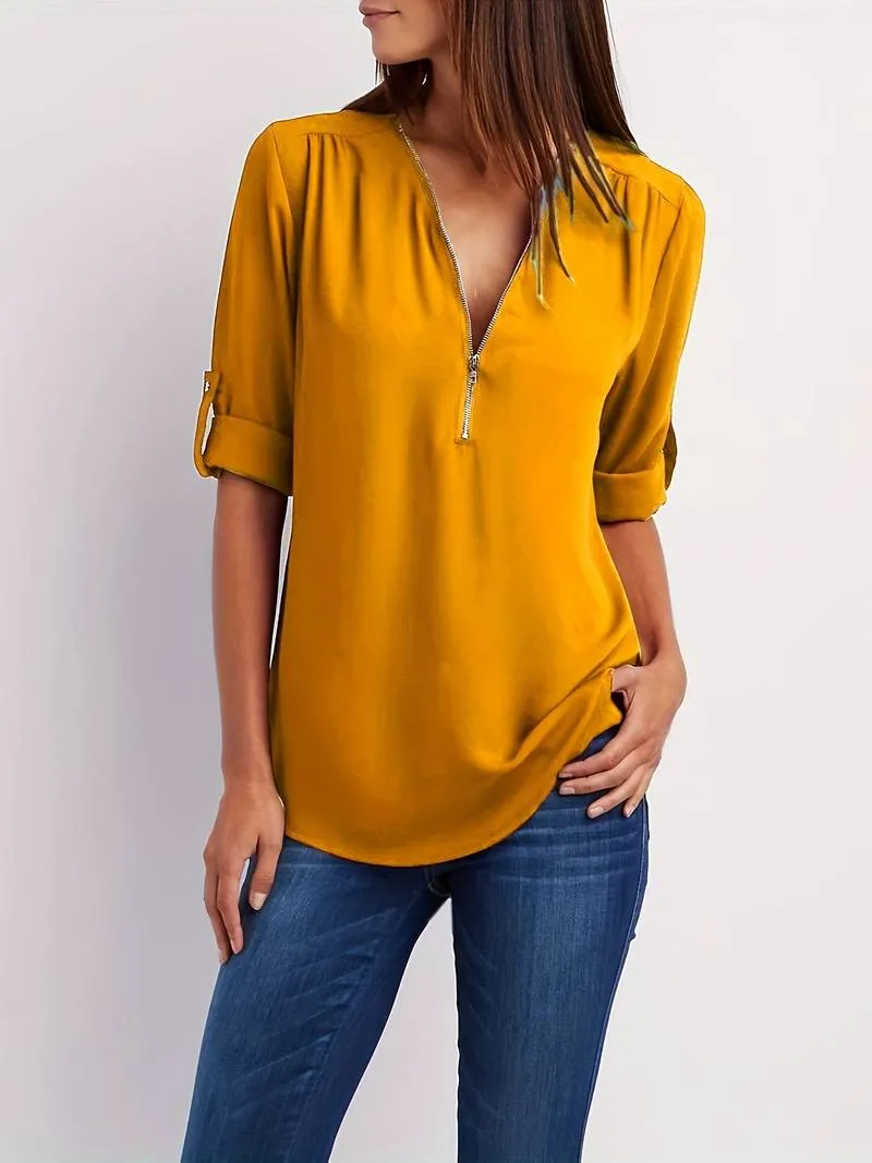 Relaxed Hazel Blouse: Ruffled, Roll-Up Sleeves, Half-Zip