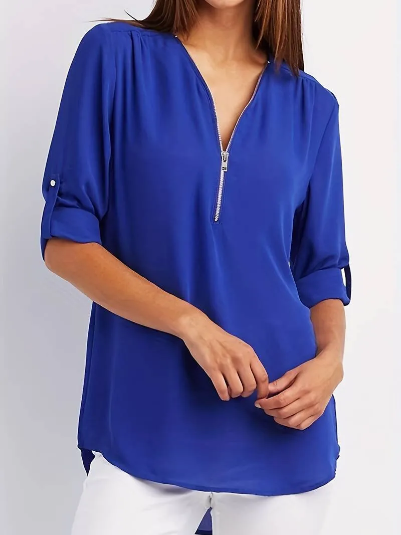 Relaxed Hazel Blouse: Ruffled, Roll-Up Sleeves, Half-Zip