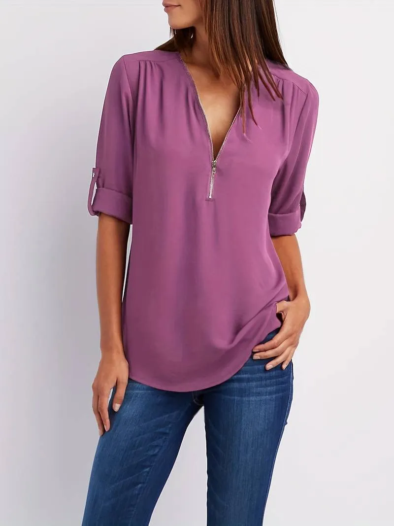 Relaxed Hazel Blouse: Ruffled, Roll-Up Sleeves, Half-Zip