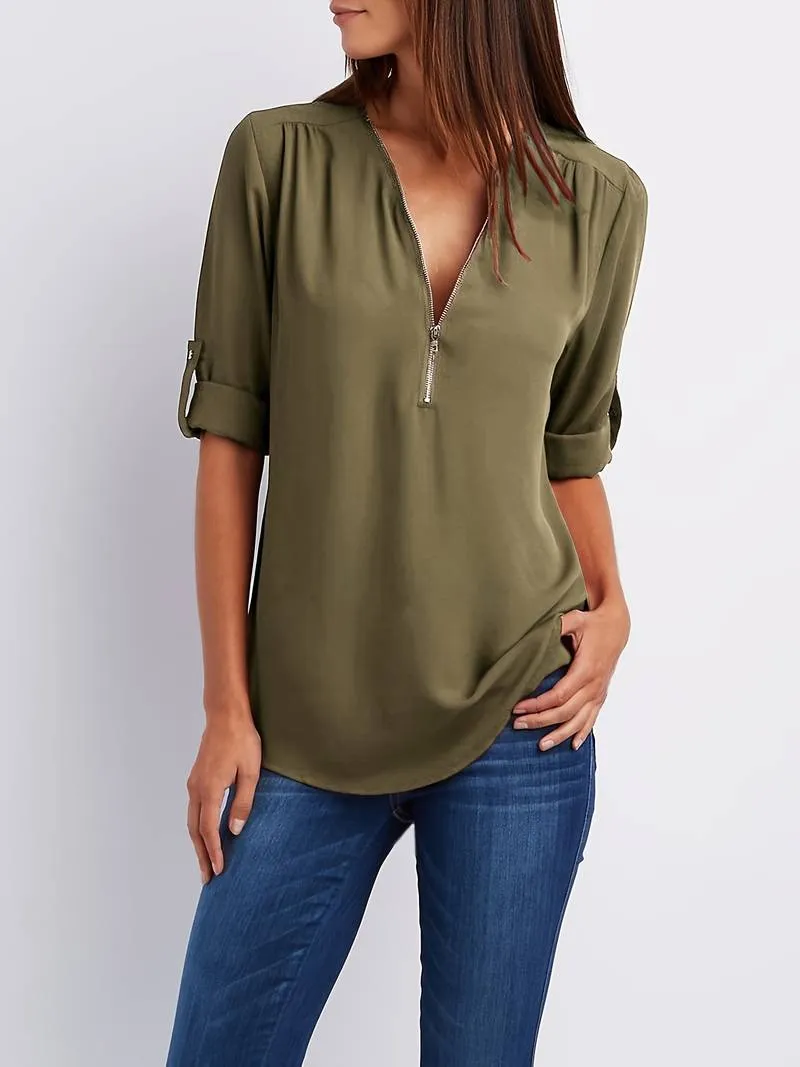 Relaxed Hazel Blouse: Ruffled, Roll-Up Sleeves, Half-Zip