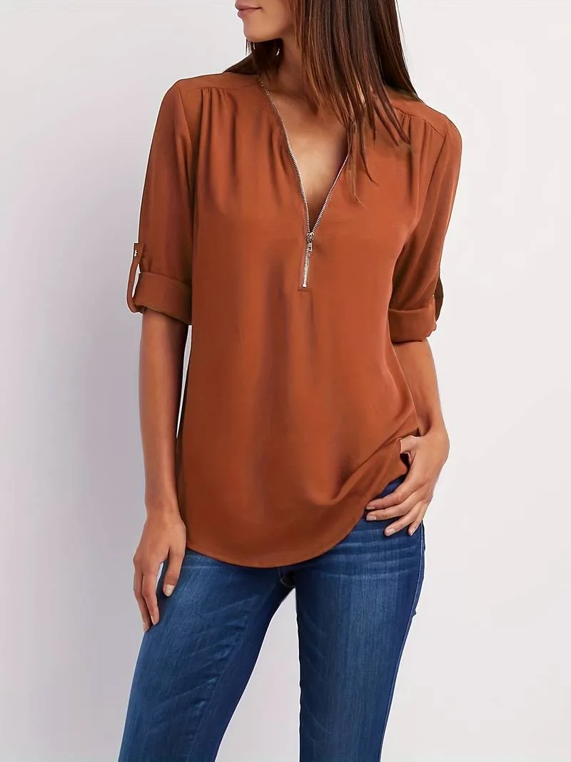 Relaxed Hazel Blouse: Ruffled, Roll-Up Sleeves, Half-Zip