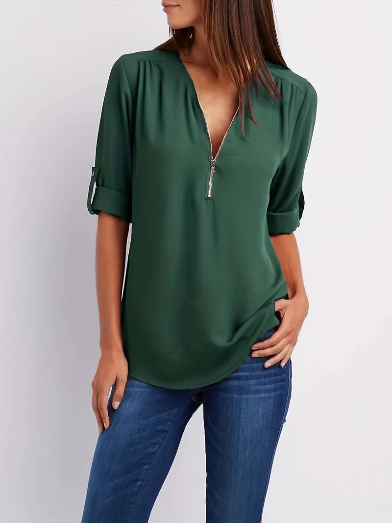 Relaxed Hazel Blouse: Ruffled, Roll-Up Sleeves, Half-Zip