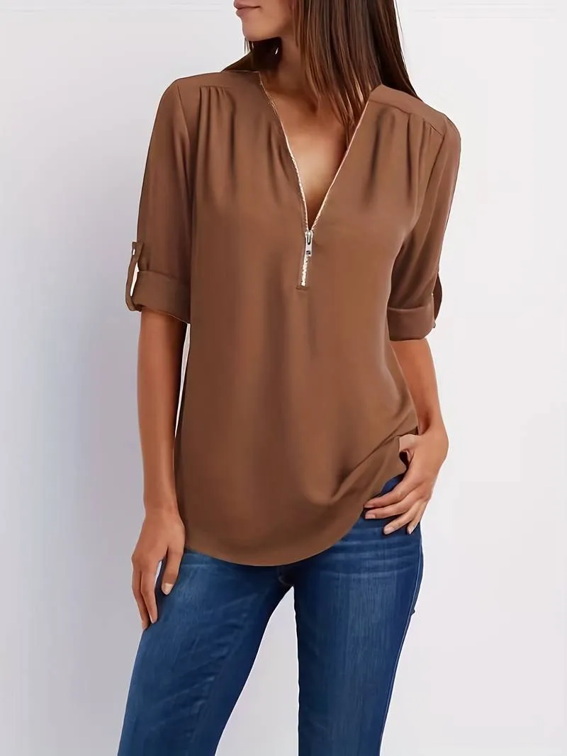 Relaxed Hazel Blouse: Ruffled, Roll-Up Sleeves, Half-Zip