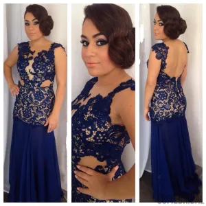 Round Neck Lace Chiffon Backless Long Mermaid 2017 Prom Dresses, PD0274