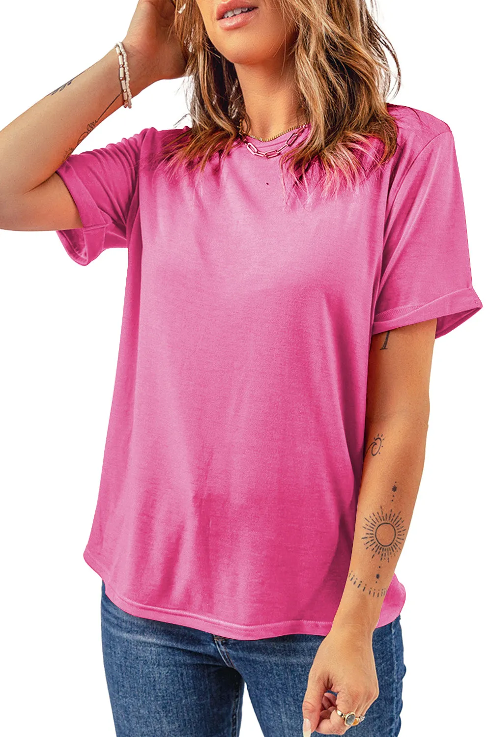 Sachet Pink Bright Casual Plain Crew Neck Tee