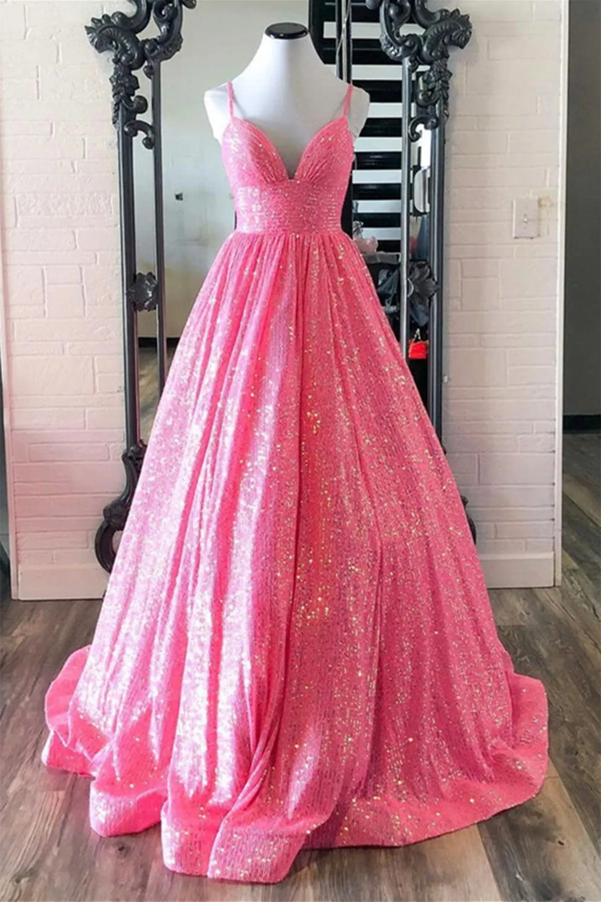Shiny Hot Pink Sequins V Neck Backless Long Prom Dress, Backless Hot Pink Formal Graduation Evening Dress A1425