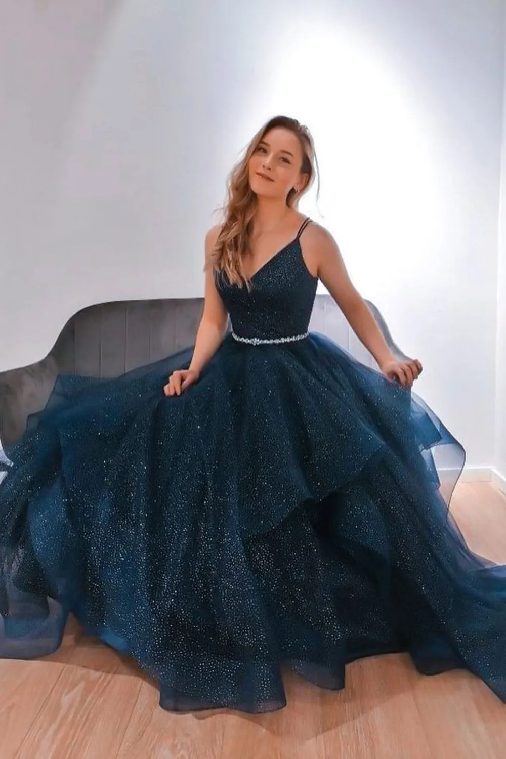 Shiny V Neck Dark Blue Long Prom Dress with Belt, Fluffy Blue Formal Evening Dress, Sparkly Blue Ball Gown