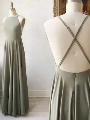 Simple A Line Backless Long Prom Dresses, Open Back Formal Evening Graduation Dresses