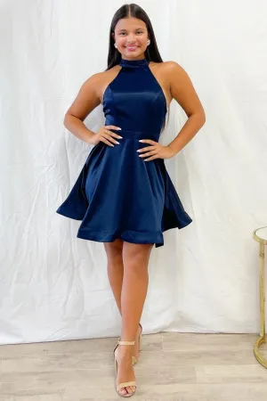 Simple Halter Neck Blue Satin Prom Dress, Short Blue Homecoming Dress, Blue Formal Graduation Evening Dress A2161