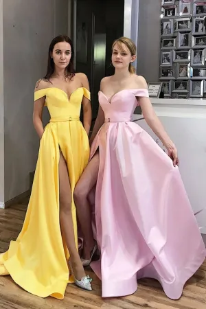 Simple Off Shoulder Satin Long Yellow Pink Prom Dress with High Slit, Off the Shoulder Pink Yellow Formal Graduation Evening Dress