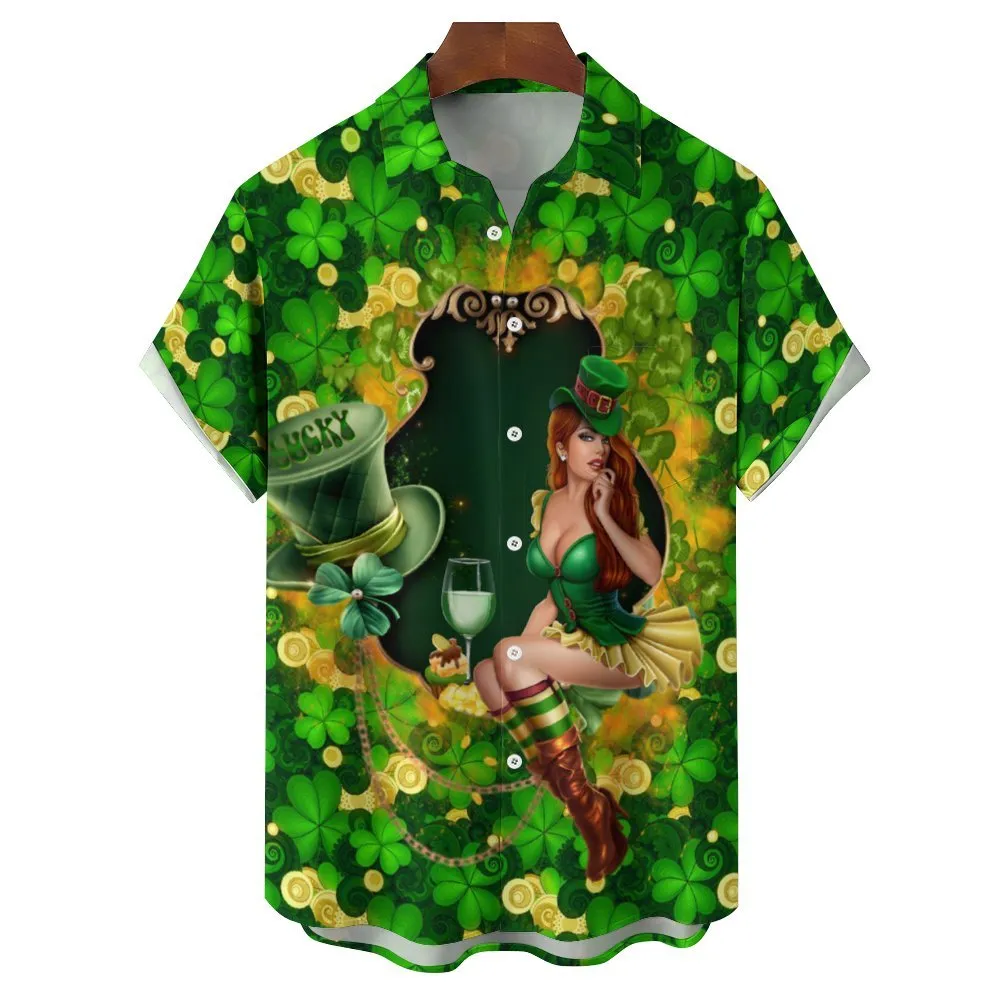 St. Patrick's Beauty Print Button Pocket Short Sleeve Shirt