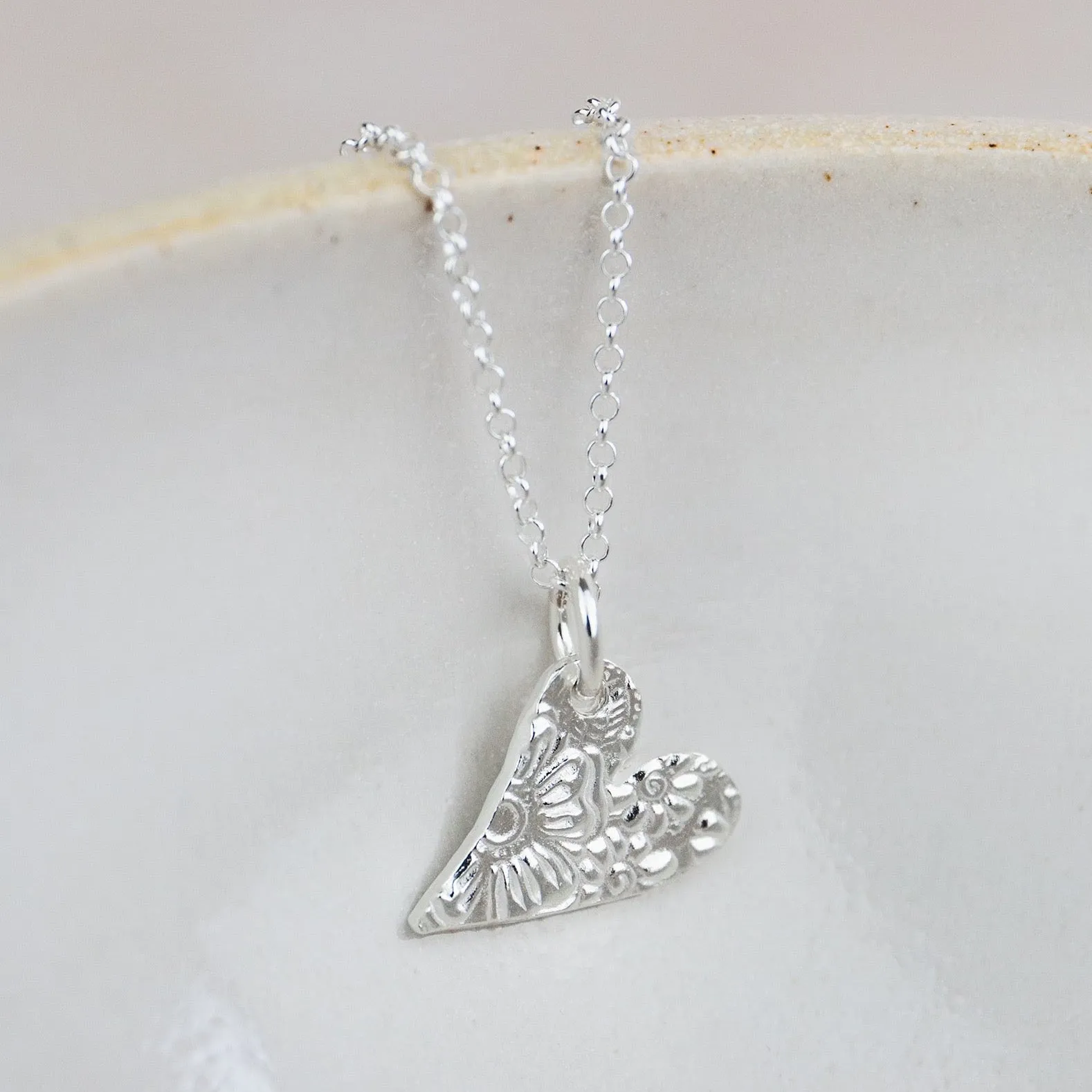 Sterling Silver Small Textured Tilted Heart Pendant