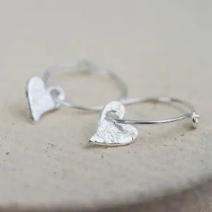 Sterling Silver Textured Charm Hoops - Tilted Heart