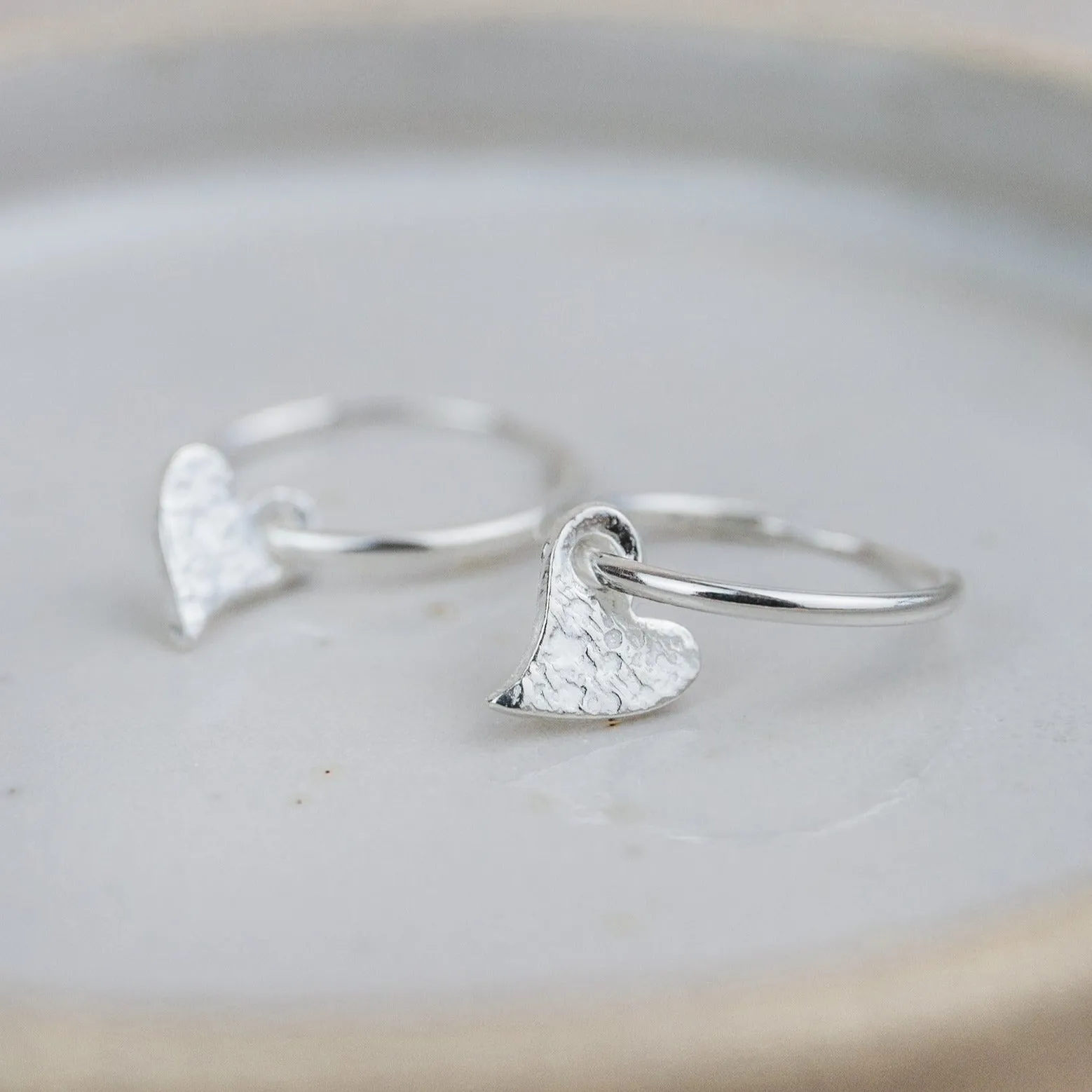 Sterling Silver Textured Charm Hoops - Tilted Heart