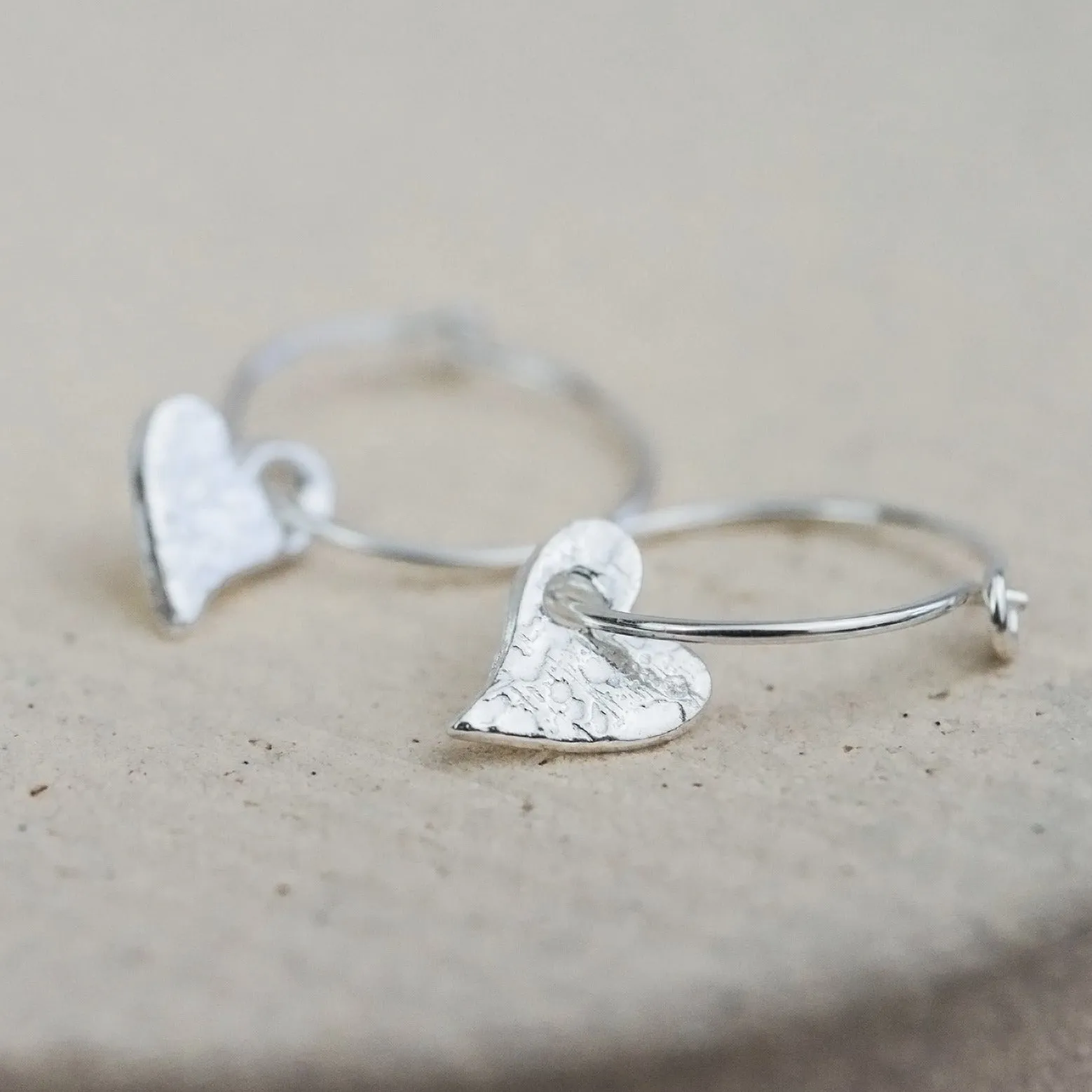 Sterling Silver Textured Charm Hoops - Tilted Heart