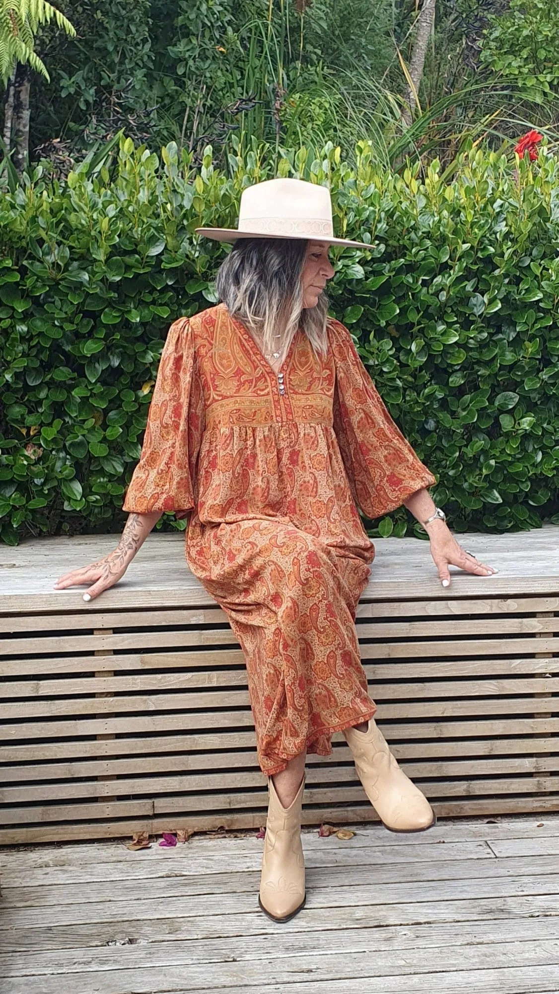 Sundance Revival Dress - cream with tangerine red and lime paisley
