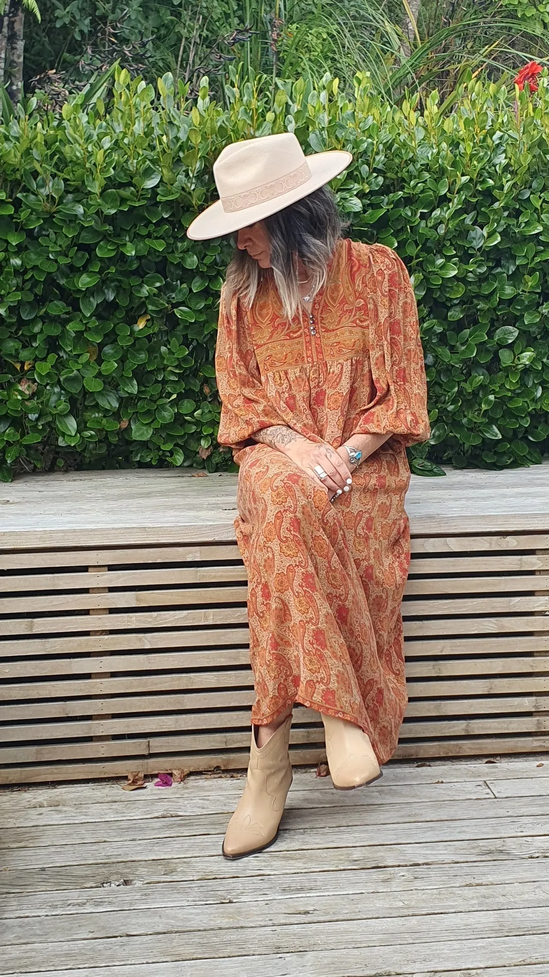 Sundance Revival Dress - cream with tangerine red and lime paisley
