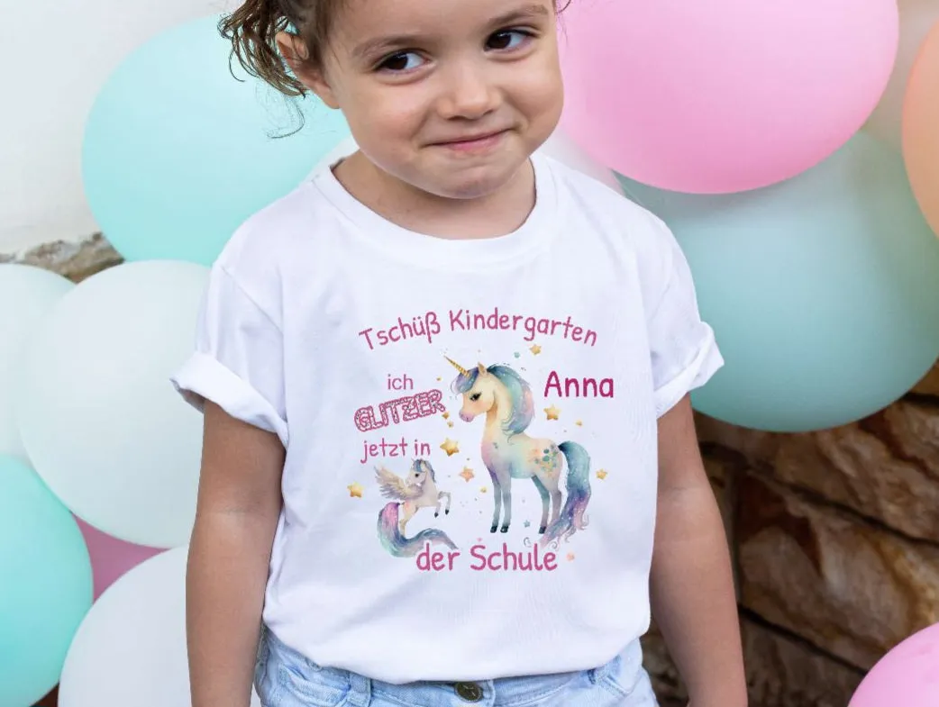 T-Shirt Tschüß Kindergarten Einhorn mit Name personalisiert Mädchen Einschulungsshirt Schulkind Einschulung erste Klasse Geschenk