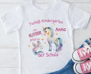 T-Shirt Tschüß Kindergarten Einhorn mit Name personalisiert Mädchen Einschulungsshirt Schulkind Einschulung erste Klasse Geschenk