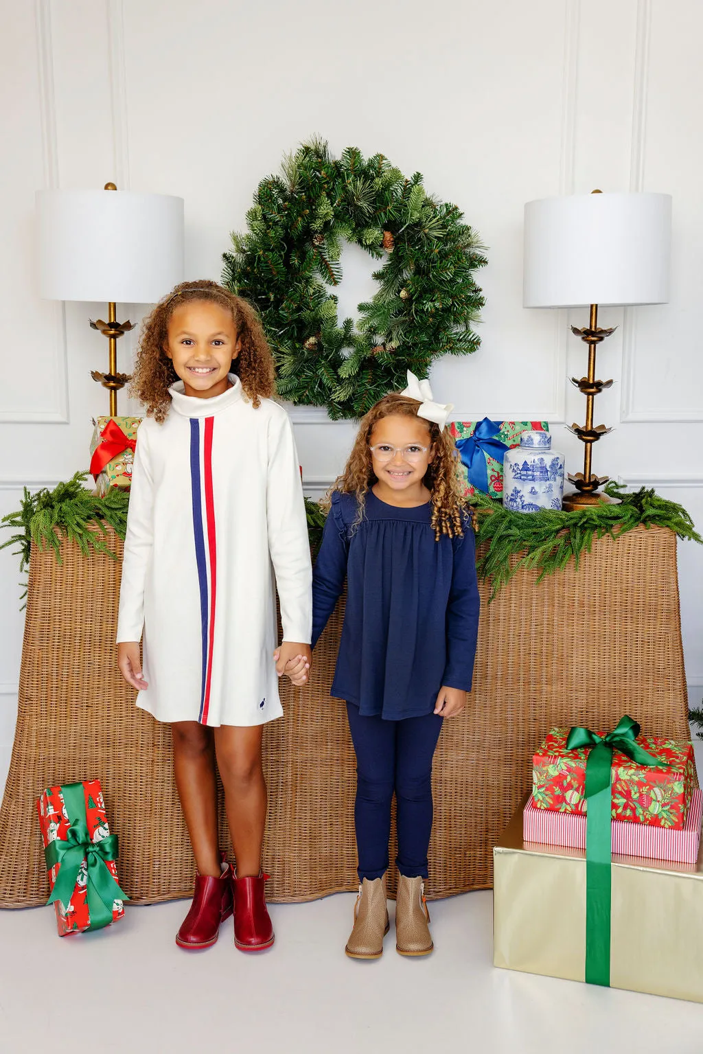 Tatum's Turtleneck Dress - Palmetto Pearl with Nantucket Navy and Richmond Red Stripes & Nantucket Navy Stork