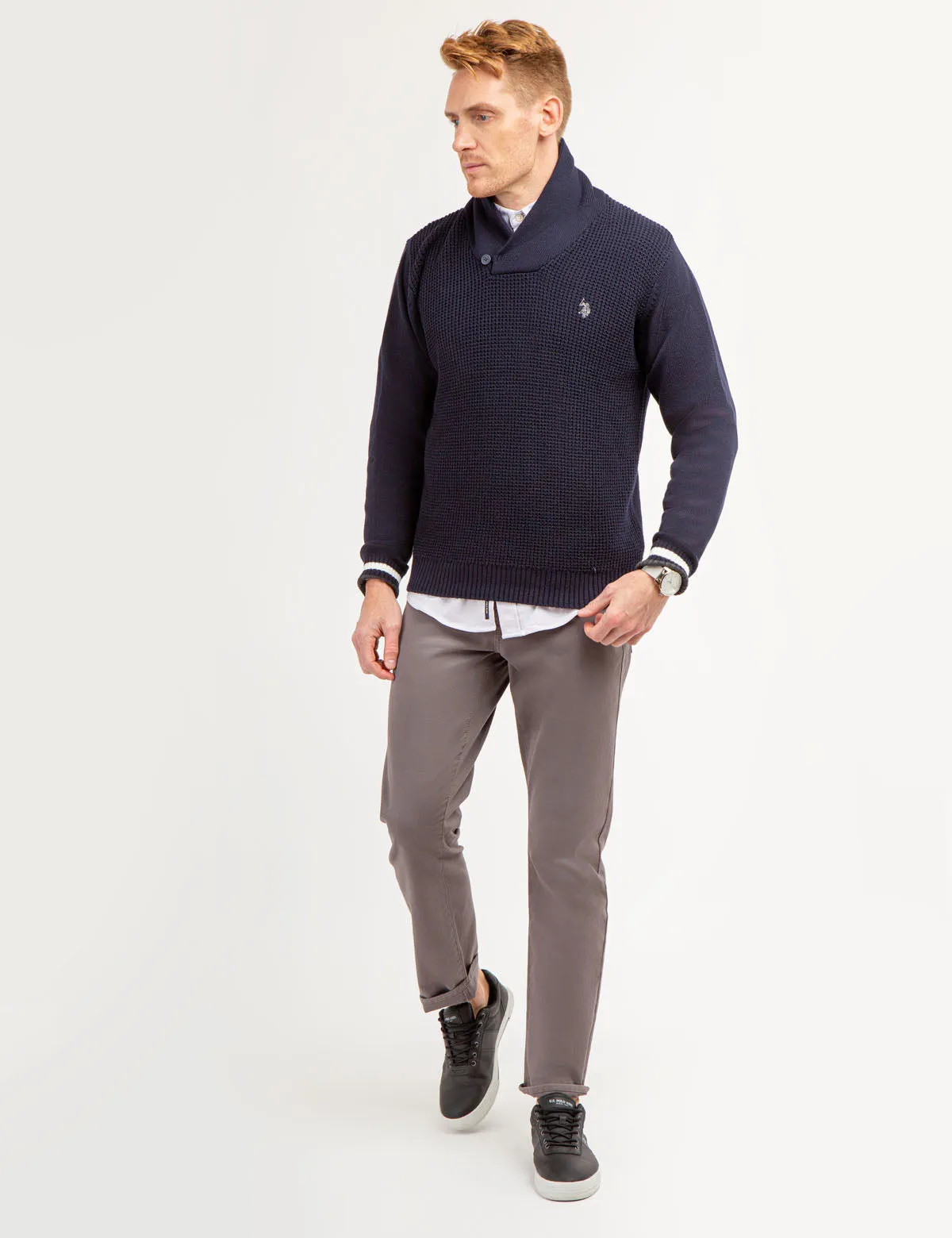 TEXTURED FRONT SHAWL COLLAR SWEATER