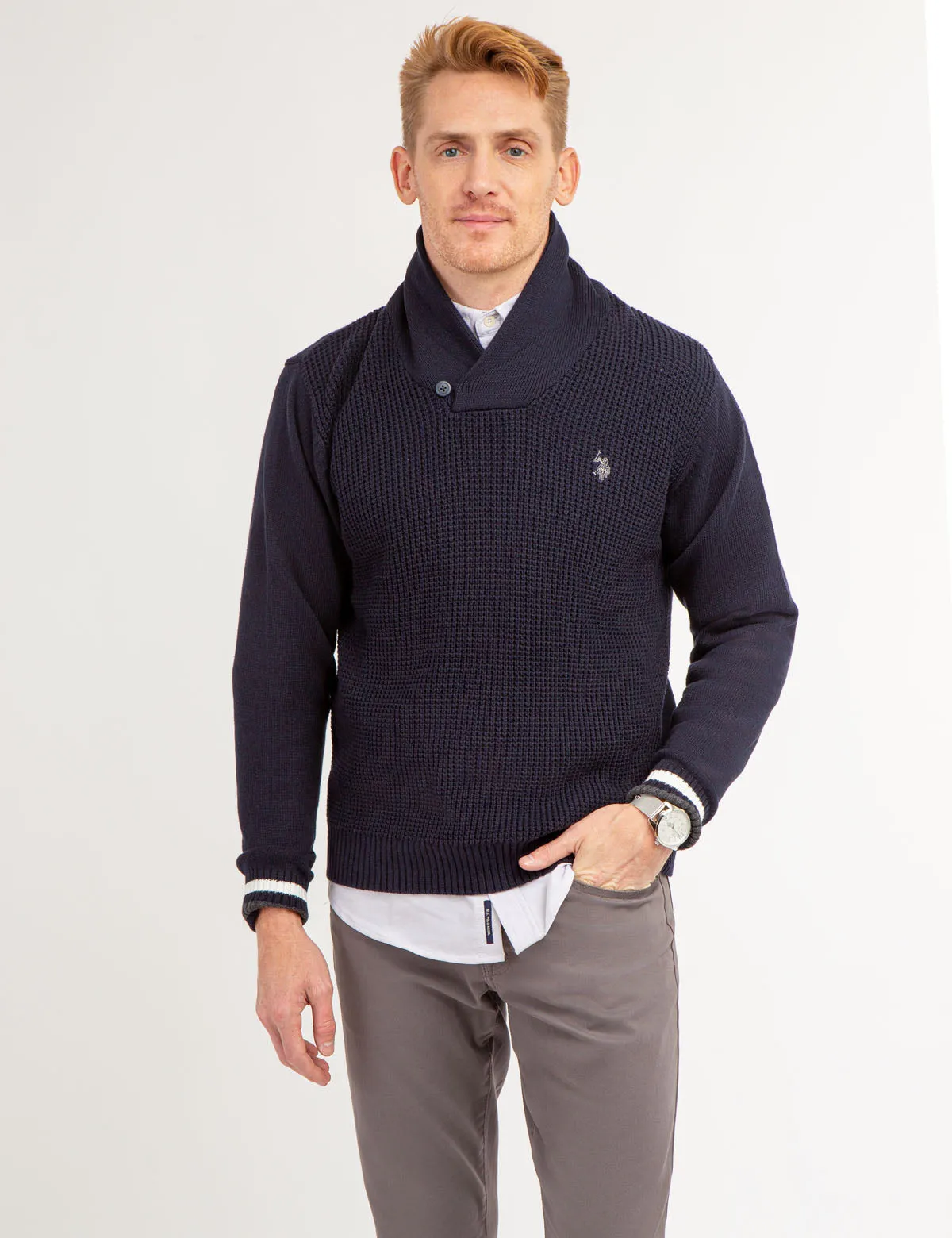TEXTURED FRONT SHAWL COLLAR SWEATER