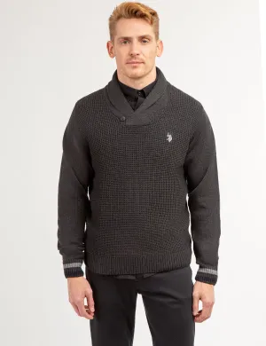 TEXTURED FRONT SHAWL COLLAR SWEATER