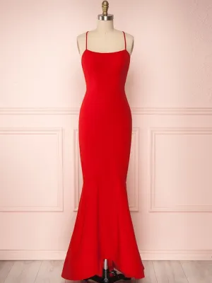 Thin shoulder strap Backless Mermaid Red Prom Dresses, Red Mermaid Backless Formal Evening Dresses