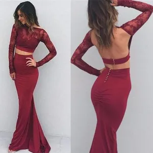 Two Pieces Long Sleeve Maroon Lace Backless Jersey Long Prom Dresses, BG0246