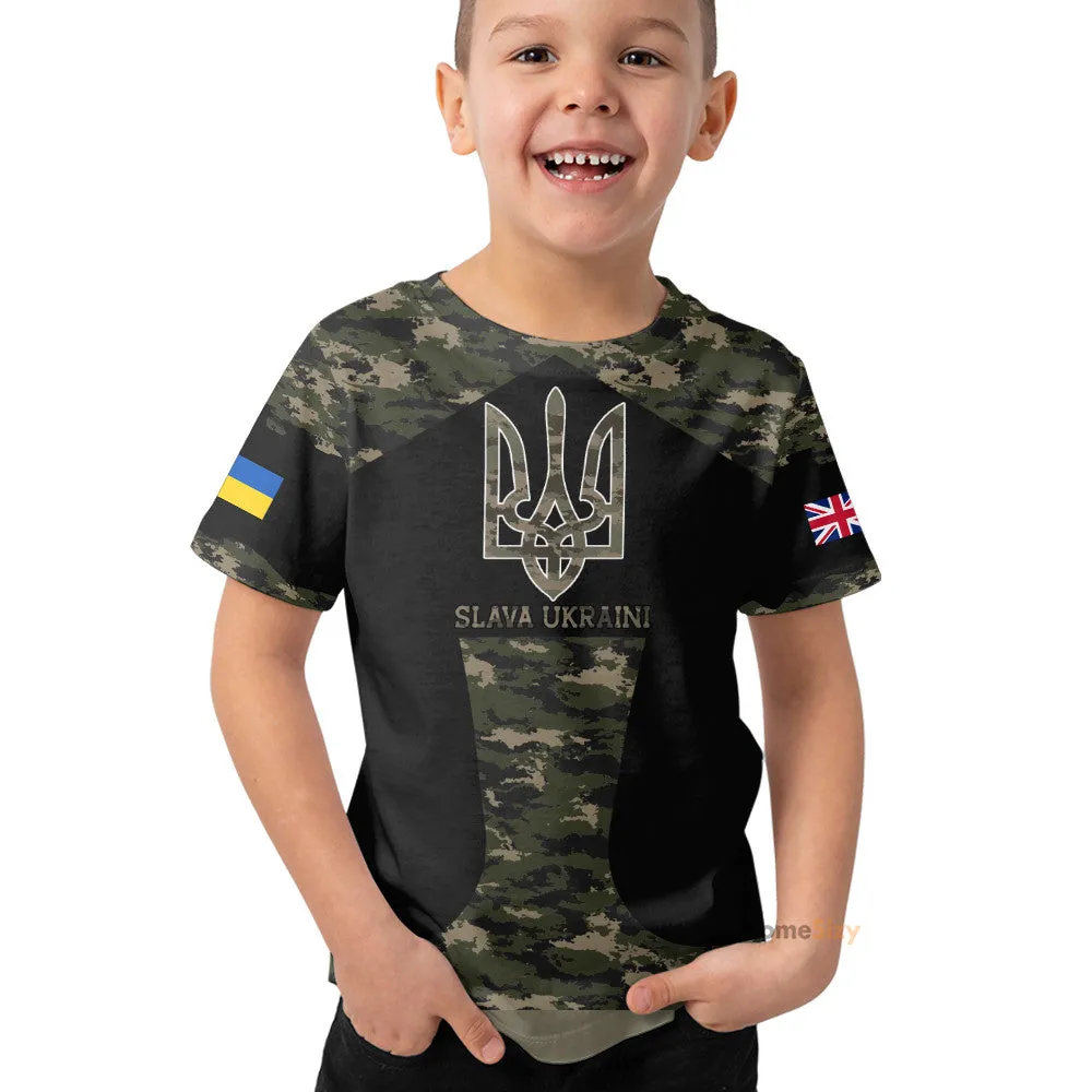UK Stand With Ukraine Slava Ukraini Camo Kid Tshirt QT305874Hc