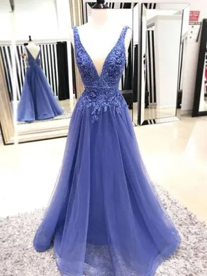 V Neck A Line  Sleeveless Lace Applique Prom Dress , V Neck Formal Dress, Graduation Dress