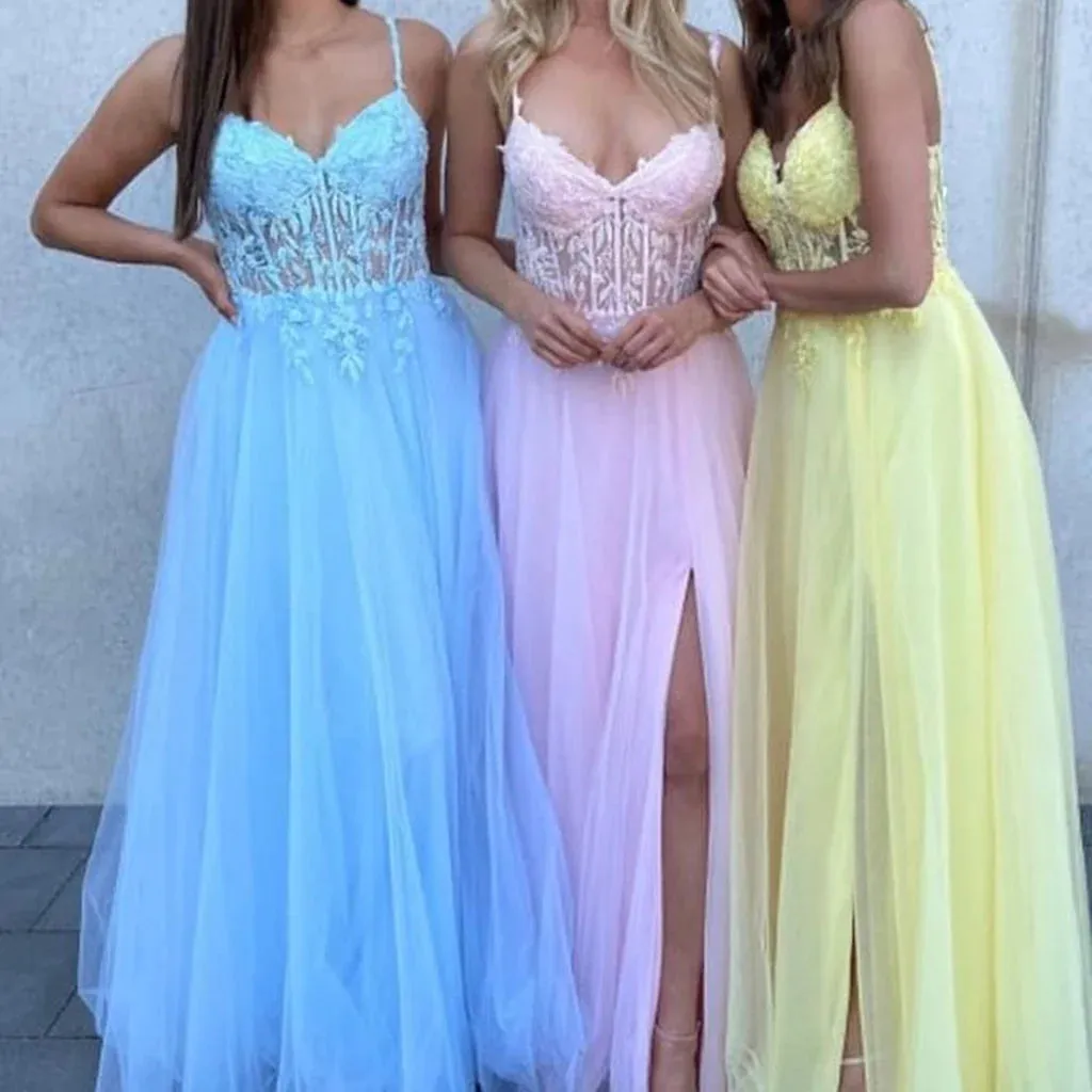 V Neck Blue/Pink/Yellow Lace Long Prom Dress with High Slit, Blue/Pink/Yellow Lace Formal Graduation Evening Dress