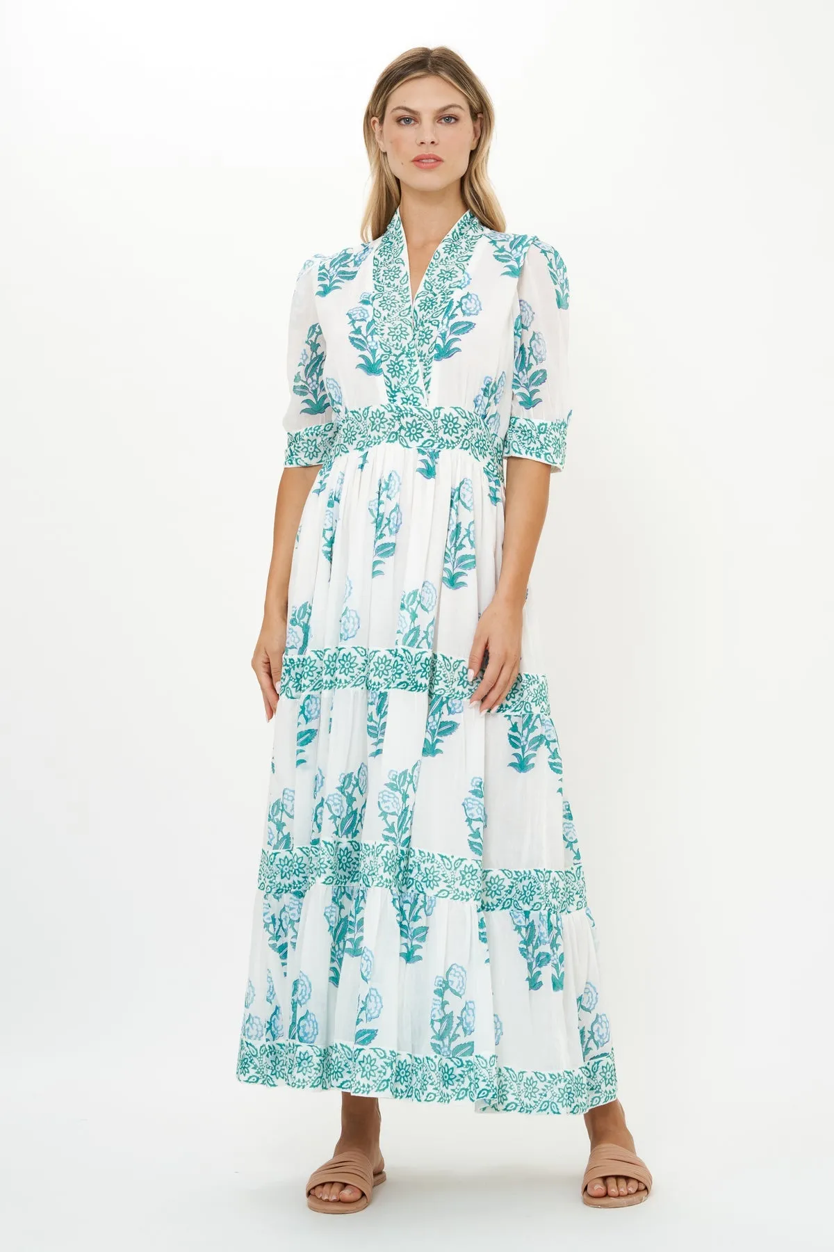 V-neck Cuffed Maxi in Salvia Green by Oliphant