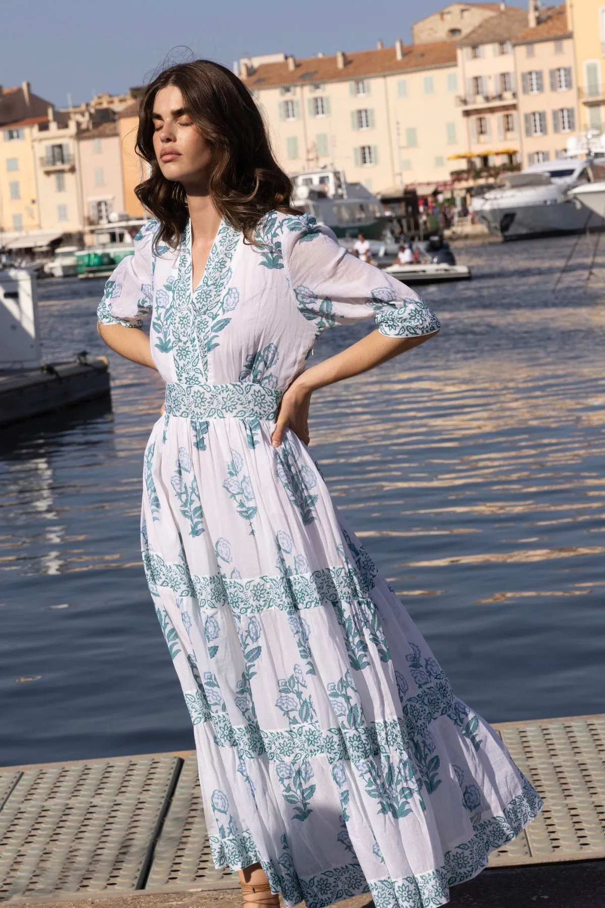 V-neck Cuffed Maxi in Salvia Green by Oliphant