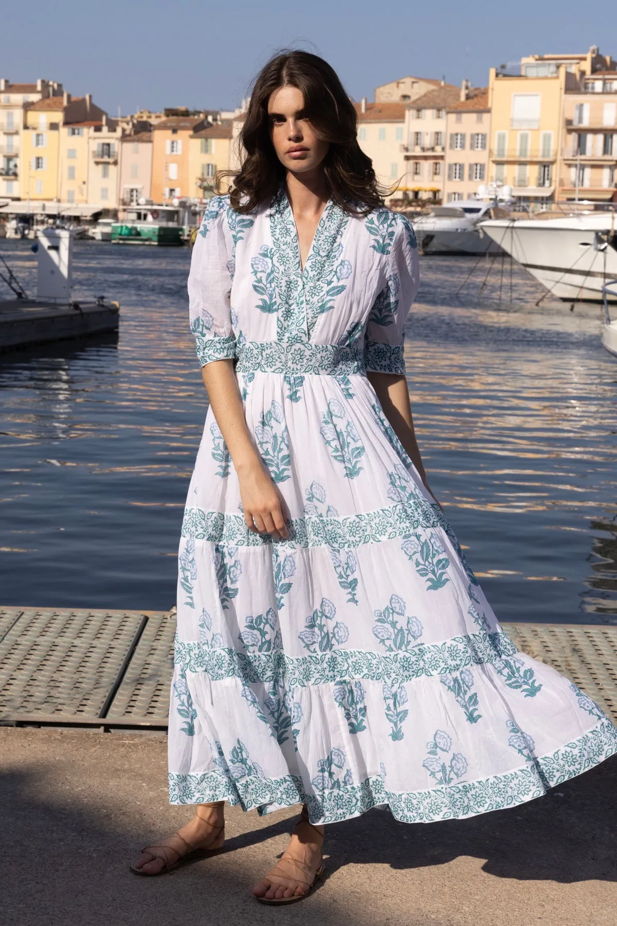 V-neck Cuffed Maxi in Salvia Green by Oliphant