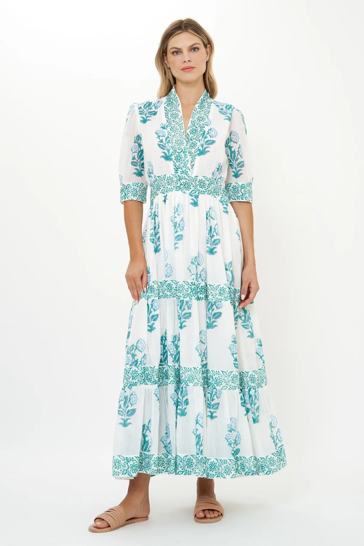 V-neck Cuffed Maxi in Salvia Green by Oliphant