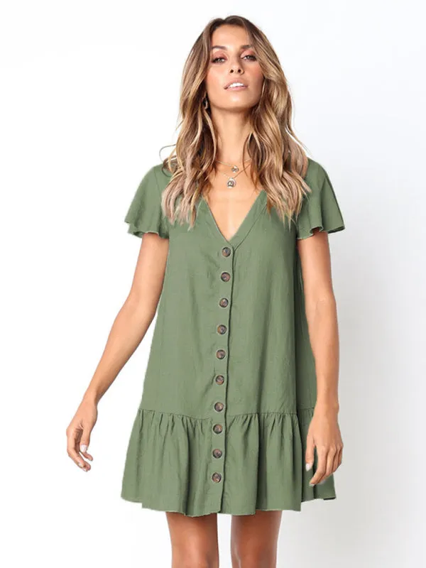 V-Neck Mini Dress with Button-Down Front and Ruffled Hem