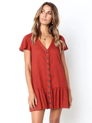 V-Neck Mini Dress with Button-Down Front and Ruffled Hem