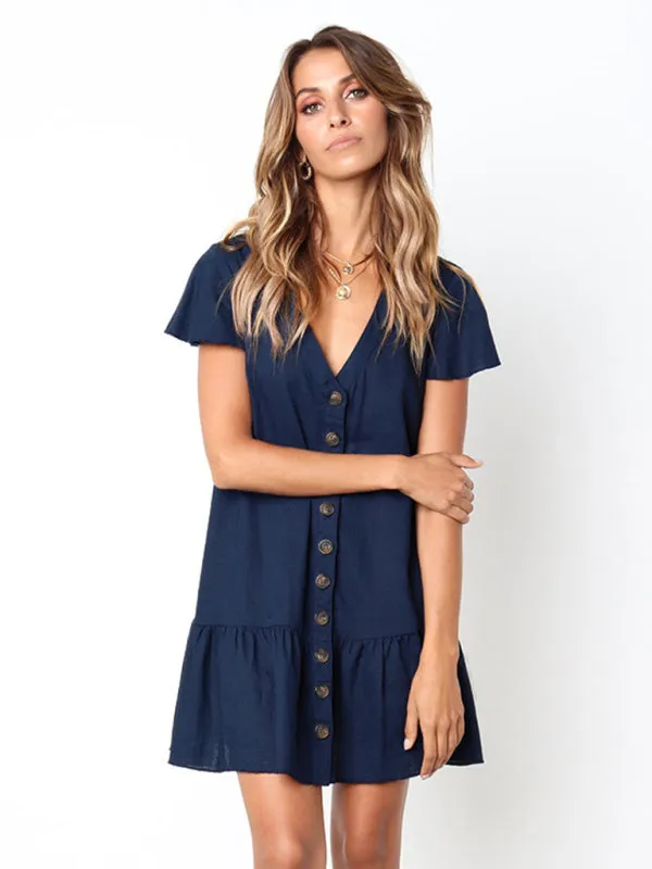 V-Neck Mini Dress with Button-Down Front and Ruffled Hem
