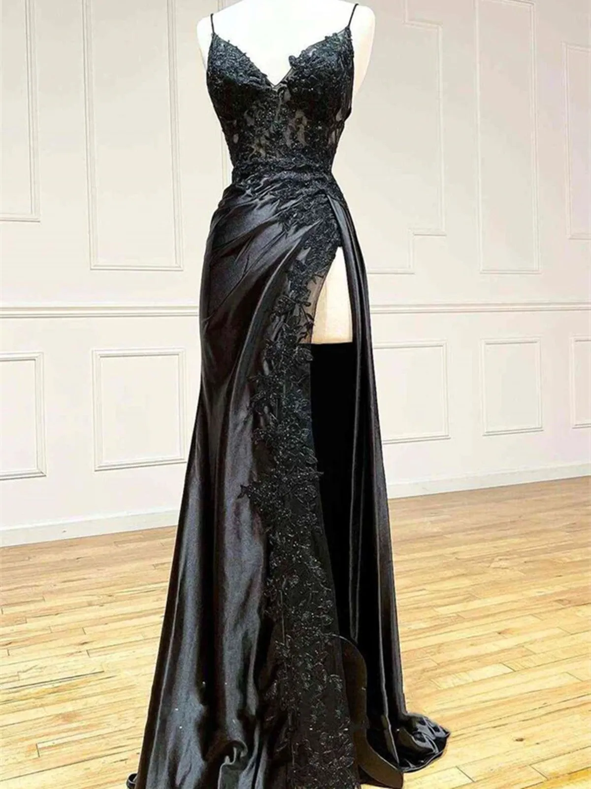 V Neck Open Back Mermaid Black Lace Long Prom Dress with High Slit, Mermaid Black Formal Dress, Black Lace Evening Dress