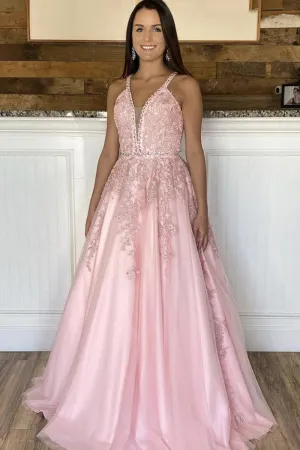 V Neck Open Back Pink Lace Long Prom Dress, Pink Lace Formal Dress, Pink Evening Dress
