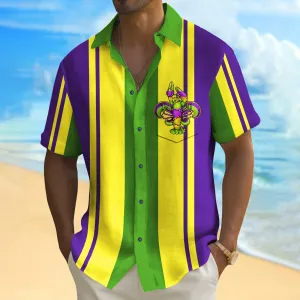 Vintage Bowling Mardi Gras Lobster Print Pocket Short Sleeve Shirt