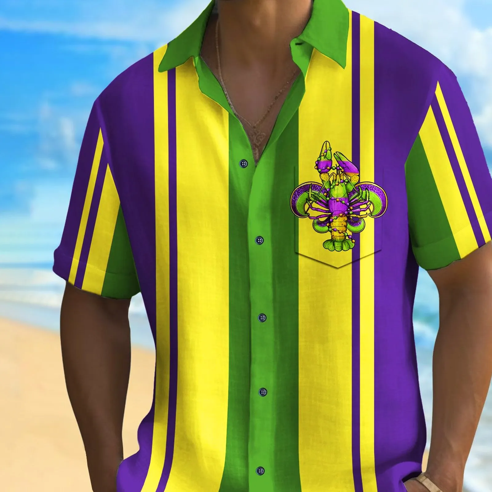 Vintage Bowling Mardi Gras Lobster Print Pocket Short Sleeve Shirt