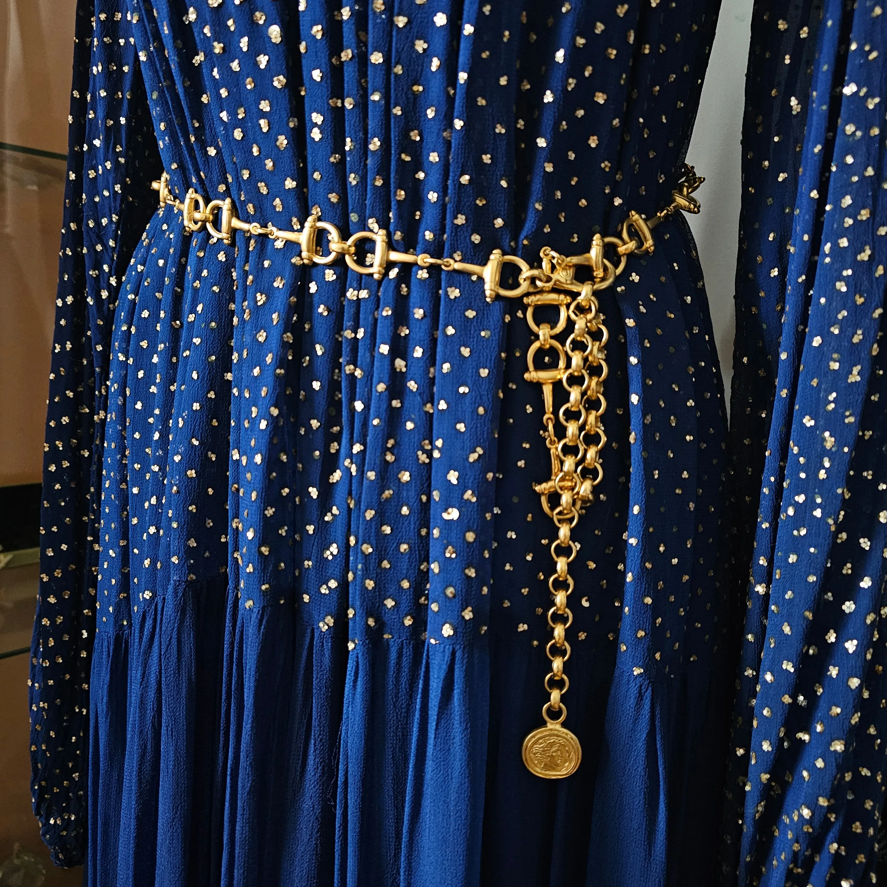 Vintage Gold-Tone Horsebit Chain Belt with Medallion Drop