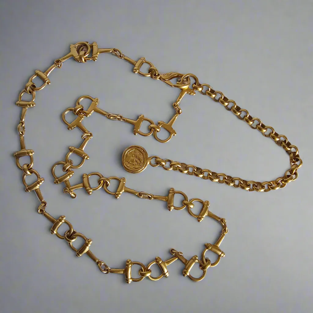 Vintage Gold-Tone Horsebit Chain Belt with Medallion Drop